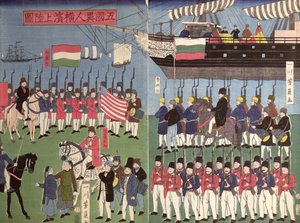 Commodore Perryn laivueen saapuminen japanilaiseen satamaan vuonna 1853 (värillinen puupainatus) tekijältä Japanese School