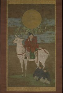 Lähtö Kashimasta (jumaluus Kasuga out), 1300-luvun loppu (Riippuva rulla: muste, väri ja kulta silkillä) tekijältä Japanese School