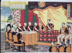 Keisari Mutsuhito (1852-1912) pitämään sotaneuvostoa, episodi Kiinan ja Japanin sodasta, 1800-luvun lopulla (värillinen puupainatus) (katso myös 176841) tekijältä Japanese School
