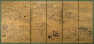 The Tale of Genji, 1600-luvun loppu - 1700-luvun alku (muste pigmentillä ja kultalehti kiillepaperilla) (pari 171423) tekijältä Japanese School