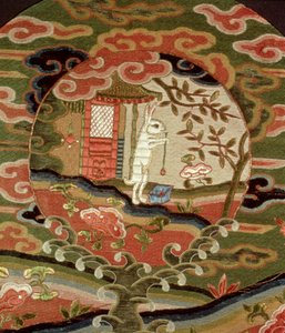 Kilpikonna ja jänis, Edo-kausi (1600-1868) (silkkikirjonta) (yksityiskohta) tekijältä Japanese School