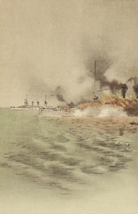 Varyagin sytytti tuleen hänen oma miehistönsä estääkseen vangitsemisen Chemulpossa (chromolitho) tekijältä Japanese School