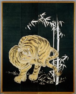 Tiikeri ja bambu, motiivi kaksiovisella puuvillakankaalla (byobu), riisitärkkelys ja indigokastike pigmenttien kanssa, japanilainen sivilisaatio, Meiji-Taisho kausi. tekijältä Japanese School