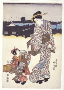 Nimetön (nainen ja lapsi) (värilliset puupiirrokset) tekijältä Japanese School