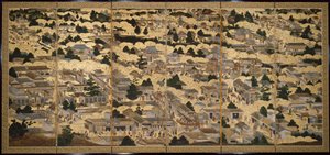 Näkymiä Kiotossa ja sen ympäristössä (Rakuchu rakugai zu), n.1616-24 (muste, väri ja lehtikulta paperille). tekijältä Japanese School