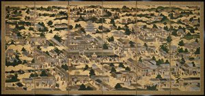 Näkymiä Kiotossa ja sen ympäristössä (Rakuchu rakugai zu), n.1616-24 (muste, väri ja lehtikulta paperille). tekijältä Japanese School