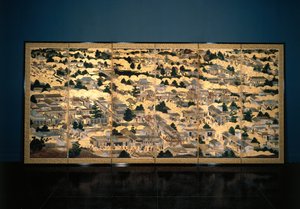 Näkymiä Kiotossa ja sen ympäristössä, Edo-kausi, n. 1616-24 (muste, väri ja lehtikulta paperilla) tekijältä Japanese School