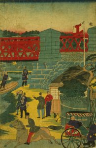 Kyläkohtaus Japanissa, jossa näkyy ihmisiä, jotka osallistuvat erilaisiin aktiviteetteihin, n. 1870 tekijältä Japanese School