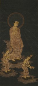 Amida Buddha Triadin tervetulotoivotus (kulta ja väri indigovärjätyllä silkillä) tekijältä Japanese School