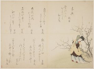 Nainen kiinalaisessa hoviasussa, n. 1830-1844 (värillinen puupainatus, karazuri turkissa) tekijältä Japanese School