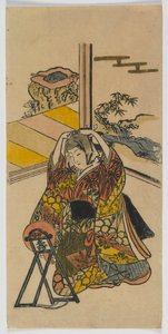 Nuori nainen polvistumassa peilin vieressä, Edo-kausi, 1720-luku (värillinen puupainatus) tekijältä Japanese School