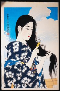 Nuori nainen kampaa hiuksiaan tekijältä Japanese School