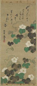 Yugao viiniköynnökset ja runo, riippuva kirjakäärö (asennettu paneeliin), 1700-1800-luku (väri paperilla) tekijältä Japanese School