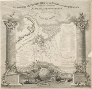 Antwerpenin linnoituksen Roemryke-puolustus joulukuussa 1832. Kansallinen muistomerkki Hänen Majesteettinsa Kuninkaalle Willem den Eerstelle (nimi esineessä) tekijältä Ja.s Wyld