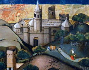 Maisema episkopaalisen kirkon kanssa, yksityiskohta Flight to Egyptiin, alttaritaulu Verdusta tekijältä Jaume Ferrer