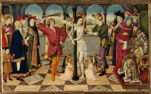 Kristuksen ruoskiminen Pontius Pilatuksen edessä. Jaume (= Jaime) Huguet vanhin (1415-1492) Detrempe puusta. Himmeä. 0,92 x 1,56 m.