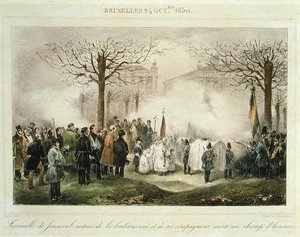 Kunniakentällä kuolleiden Louis-Alexandre Dechetin (Jenneval) (1801-30) ja hänen seuralaistensa hautajaiset, 24. lokakuuta 1830, kaiverrus Dewasme-Pletinckx tekijältä Jean Baptiste (after) Madou