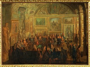 Näkymä Louvren Diane-salonkiin;Maalausakatemian istunto ... tekijältä Jean Baptiste (after) Martin