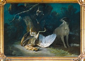 Butor et perdrix gardes par un chien blanc - Valkoisen koiran vartioimat karviaiset ja peltopyy ... tekijältä Jean-Baptiste (school of) Oudry