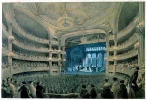 Näkymä Opera Garnierin (Academy of Music) teatterisalista. Litografia Jean Baptiste Arnout (1788-1870). 1800-luvulla. Paris, B.N. tekijältä Jean Baptiste Arnout