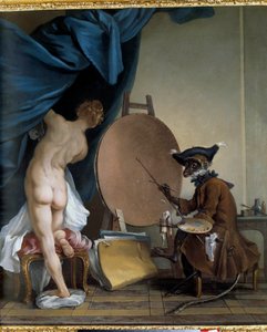 Apinamaalari. Öljy kankaalle, 0,89 x 0,62 m. - Taidemaalari apina. Jean Baptiste Deshaysin maalaus (1729 - 1765)