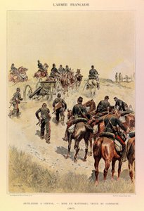 Kapteeni Jules Richardin ranskalaisen armeijan tyypit ja univormut, kuvittanut Edouard Detaille (1848-1912): Tykistö hevosen selässä; Akut; Kenttämekko vuodelta 1887, yksityinen kokoelma tekijältä Jean Baptiste Edouard Detaille