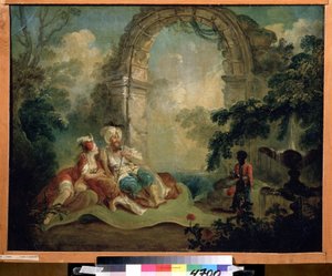 Orientalismi: "Turkkilainen pasha ja odaliski makaamassa matolla, niitä palvelee musta palvelija" (turkkilainen pasha ja odaliski) Jean Baptiste Hilairen maalaus (1753-noin 1822) Pouchkine-museo, Moskova tekijältä Jean Baptiste Hilaire