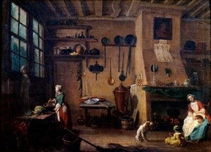 Keittiön sisustus 1700-luvulla. Kokki valmistaa aterian. Taustalla näemme seinällä roikkuvat keittiövälineet. Jean Baptiste Lallemandin (1710-1803) maalaus 1700-luvulta Dijon, Kuvataidemuseo