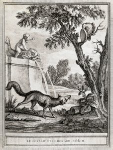Varis ja kettu, kuvitus Jean-Baptiste Oudryn (1686-1755) Jean de La Fontainen (1621-1695) tarinaan tekijältä Jean Baptiste Oudry