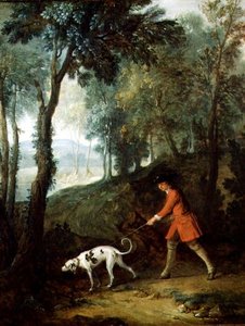 Metsästäjä ja tufteri hihnassa, n. 1727 (öljy kankaalle) tekijältä Jean Baptiste Oudry