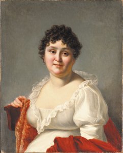 Madame Regnaultin muotokuva, rintakuva, valkoisessa mekossa ja kakihuivissa (öljy kankaalle) tekijältä Jean Baptiste Regnault