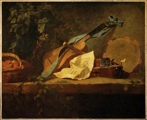 Soittimet ja hedelmäkori (maalaus kankaalle) tekijältä Jean-Baptiste Simeon Chardin