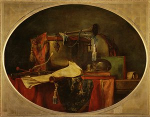 Les attributs de la music guerriere - Sotamusiikin ominaisuudet, supraporte for the Chateau de Bellevue1767 ...
