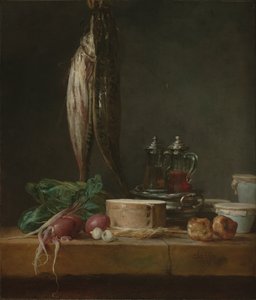 Asetelma, jossa on kalaa, vihanneksia, gougéres, ruukkuja ja maljoja pöydällä. tekijältä Jean-Baptiste Simeon Chardin