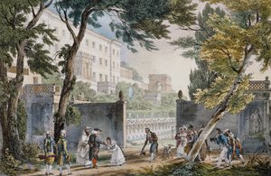 Upea kohtaus huvilan sisäänkäynnillä Roomassa, noin 1820, kaiverrus Jean-Baptiste Thomas (1791.1833) tekijältä Jean Baptiste Thomas