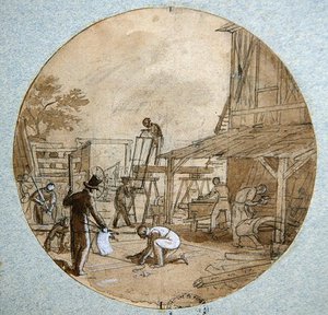 Puusepänpaja, lautassuunnittelu eri ammatteja kuvaavaan palveluun, n. 1820-35 (kynä & muste ja pesu ja guassi paperille)