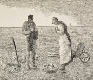 Angelus, maanviljelijäpari pelloilla, kaiverrus Jean-Francois Milletin (1814-1875), ranskalaisen taidemaalarin, maalauksesta L