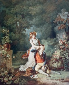 The Lover Surprised, kaiverrus Charles Melchior Descourtis (1753-1820) (värikaiverrus) tekijältä Jean Frederic (after) Schall