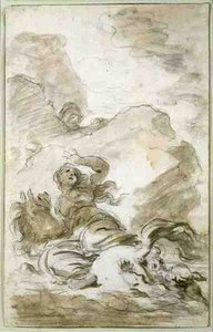 Angelica saavuttaa rannan, jossa erakko odottaa (liitu, kynä, muste ja pesu paperille) tekijältä Jean Honore Fragonard