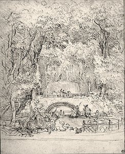 Kaskadi puutarhassa (liitu paperille) tekijältä Jean Honore Fragonard