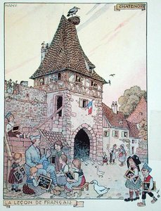 Ranskalainen sotilas, joka opettaa ranskaa elsassilaislapsille, joista on tullut jälleen Ranskan kansalaisia, kuvitus teoksesta "Histoire de l