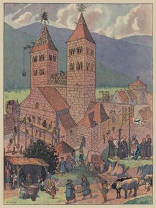 Murbach Abbeyn rakentaminen, lähellä Guebwilleriä, Alsace (väri litho)