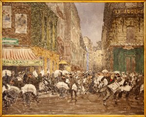 Iltapäivälehtien julkaisu, rue du Croissant vuonna 1914, Jean Louis (Jean-Louis) Lefortin (1875-1954) maalaus, jossa näkyy perinteisesti suuressa osassa Pariisin kaupungin 2. kaupunginosaa perustetun lehdistön toimintaa, At the cafe du Cr... tekijältä Jean Louis Lefort