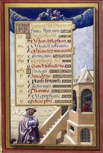 Tammikuu: Talo talvella (Aquarius) - faksimile Hours of Bretagnen Annesta, kirjoittanut Jean Bourdichon tekijältä Jean (after) Bourdichon