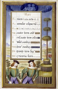 Toukokuu: Toukokuun puu (Gemeaux) - faksimile Hours of Bretagnen Annesta, kirjoittanut Jean Bourdichon
