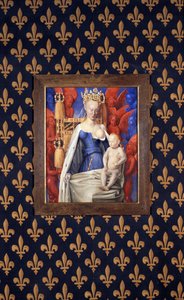 Imettävä neitsyt hermellineittisessä takissa kuvattuna Agnes Sorelina - (Antwerpenin neitsyen mukaan, Jean Fouquet, noin 1452-1455)