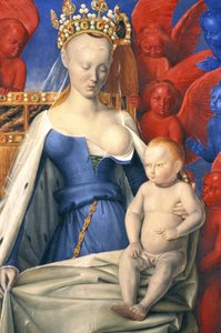 Imettävä neitsyt hermellineittisessä takissa kuvattuna Agnes Sorelina - yksityiskohta - (Antwerpenin neitsyen mukaan, Jean Fouquet, noin 1452-1455)