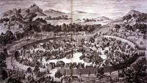 Tchao-Hoei leirissään Yerechimin muurien alla vastaanottaa kaupungin ja maakunnan asukkaiden kunnianosoituksen heinäkuussa 1759, levy 4 Kiinan keisarin Qianlongin valloitusten sarjasta, Pierre Philippe Chon kaivertama. tekijältä Jean (d.1781) (after) Damascene