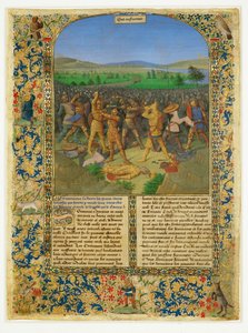 Roomalaisten ja karthagolaisten välinen taistelu, luultavasti Cannaen taistelu ... tekijältä Jean (style of) Fouquet