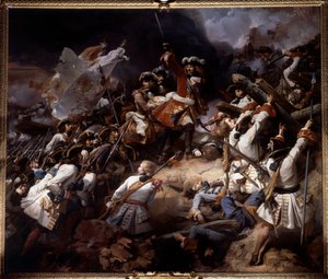 Denainin taistelu 24. heinäkuuta 1712 Marechal de Villars voitti sen Savoian prinssi Eugeneesta. Jean Alaux dit le Romainin (1786-1864) maalaus 1839 su. 4,65 x 5,43 m